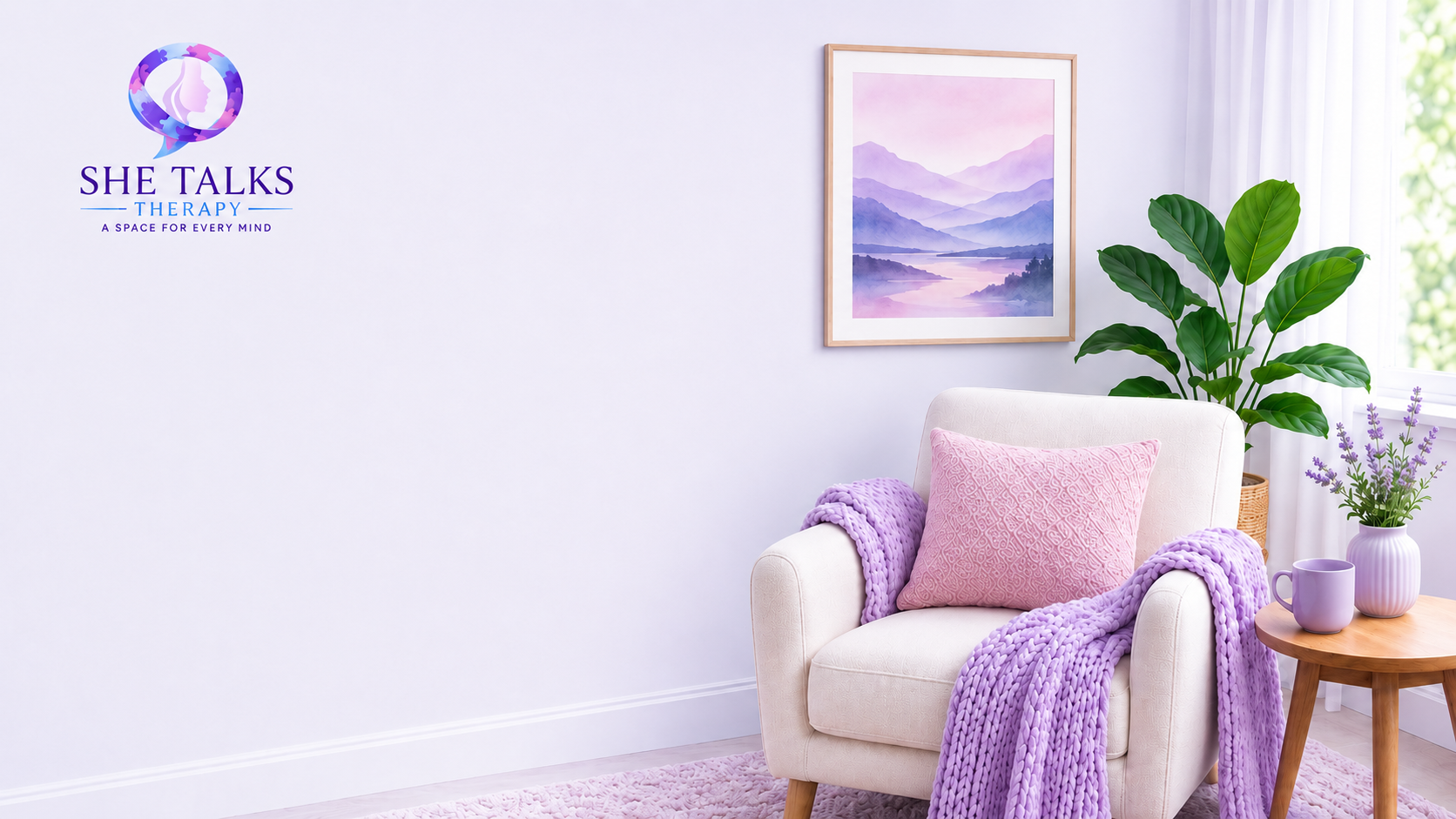 A welcoming room with a cream armchair, lavender blanket, pink cushion, and green plants
